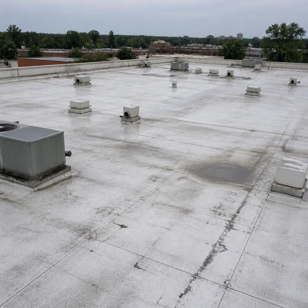 Damaged commercial flat roof with ponded water and torn membrane