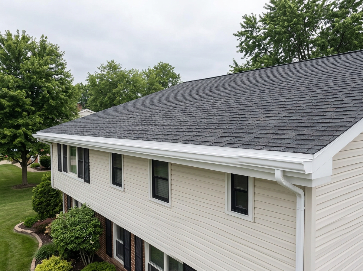 Seamless white aluminum gutters installed on a Twin Cities home by Prominent Roofing