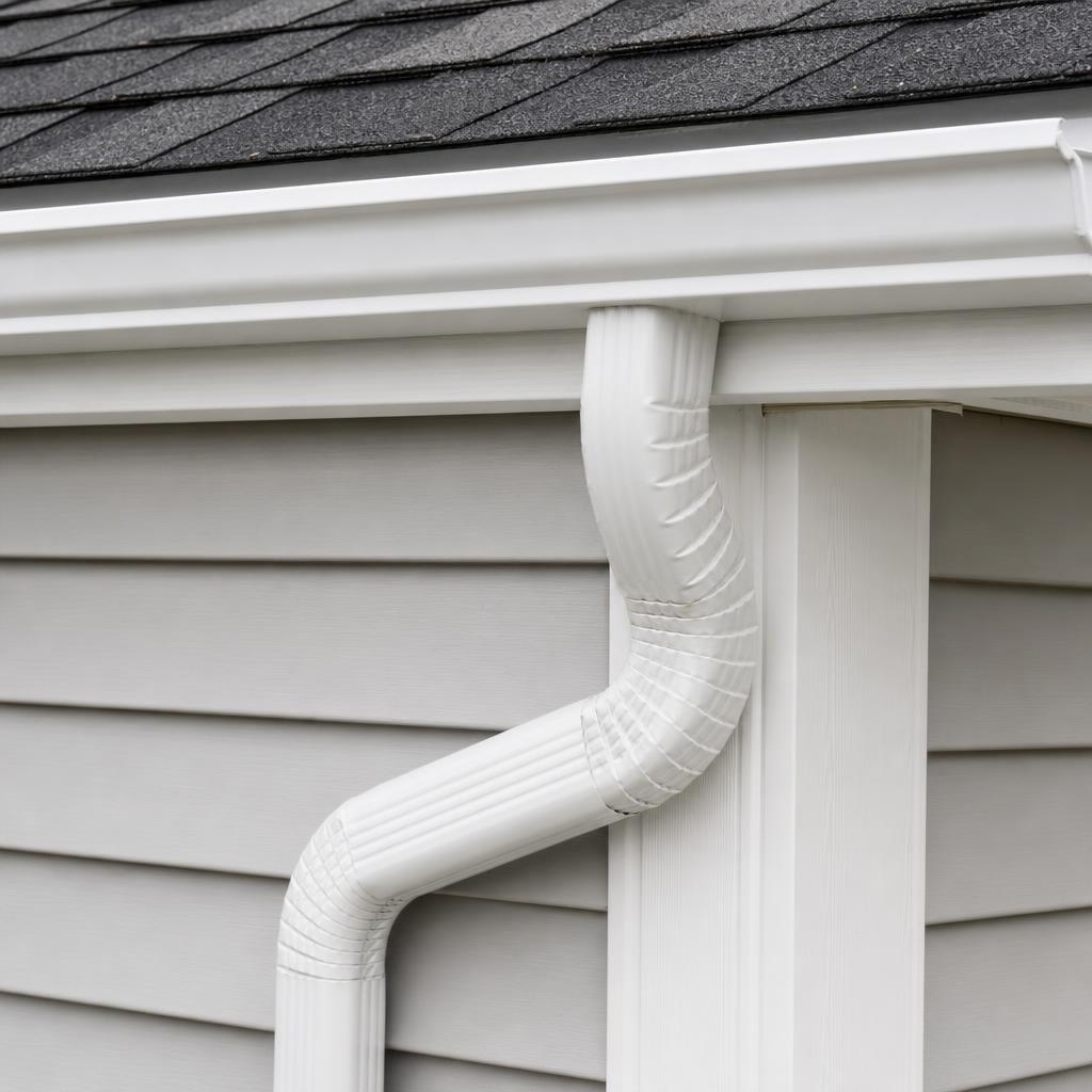 Close-up of a seamless white aluminum gutter and downspout on a Twin Cities home