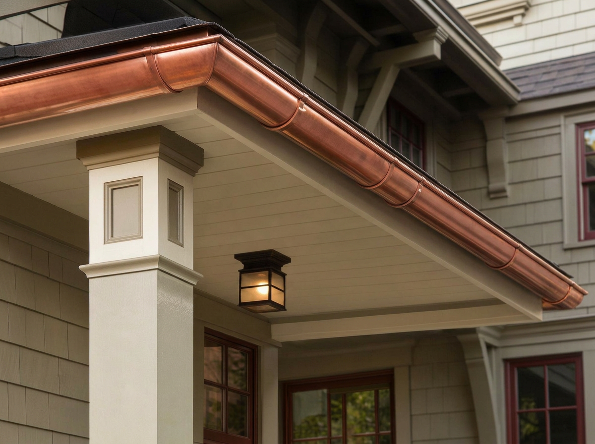 Copper half-round gutters and downspout on a craftsman-style home