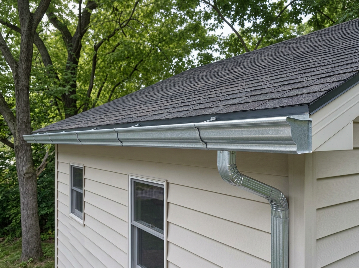 Galvanized steel gutter installation on a residential home in a wooded setting