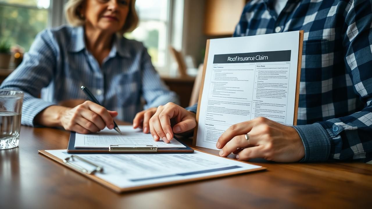 Homeowner reviewing roof insurance claim documentation with Prominent Roofing