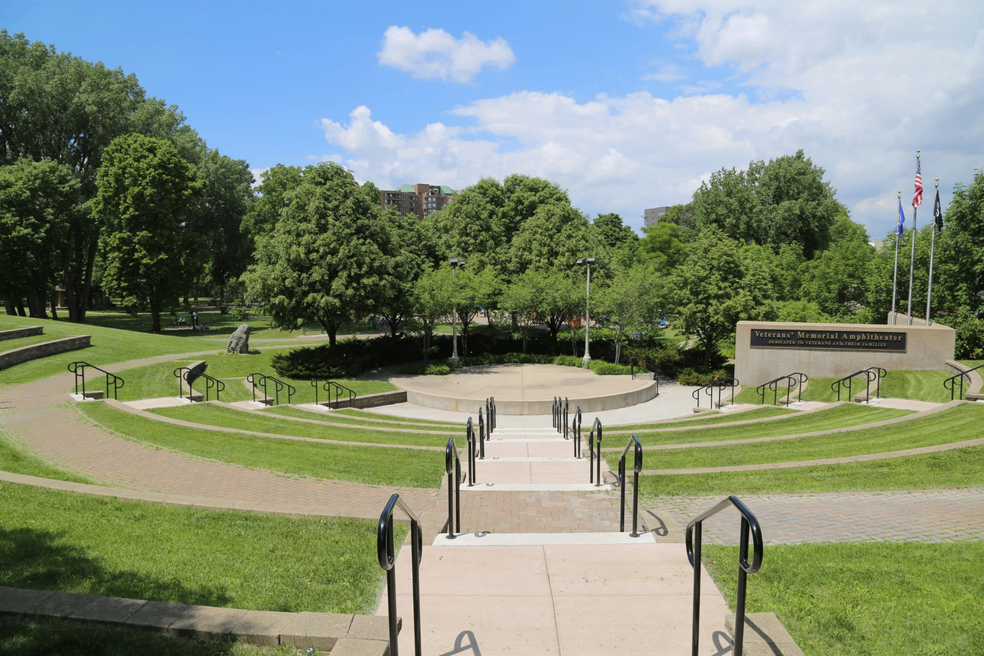 Wolfe Park amphitheater and pond in St. Louis Park on a summer afternoon