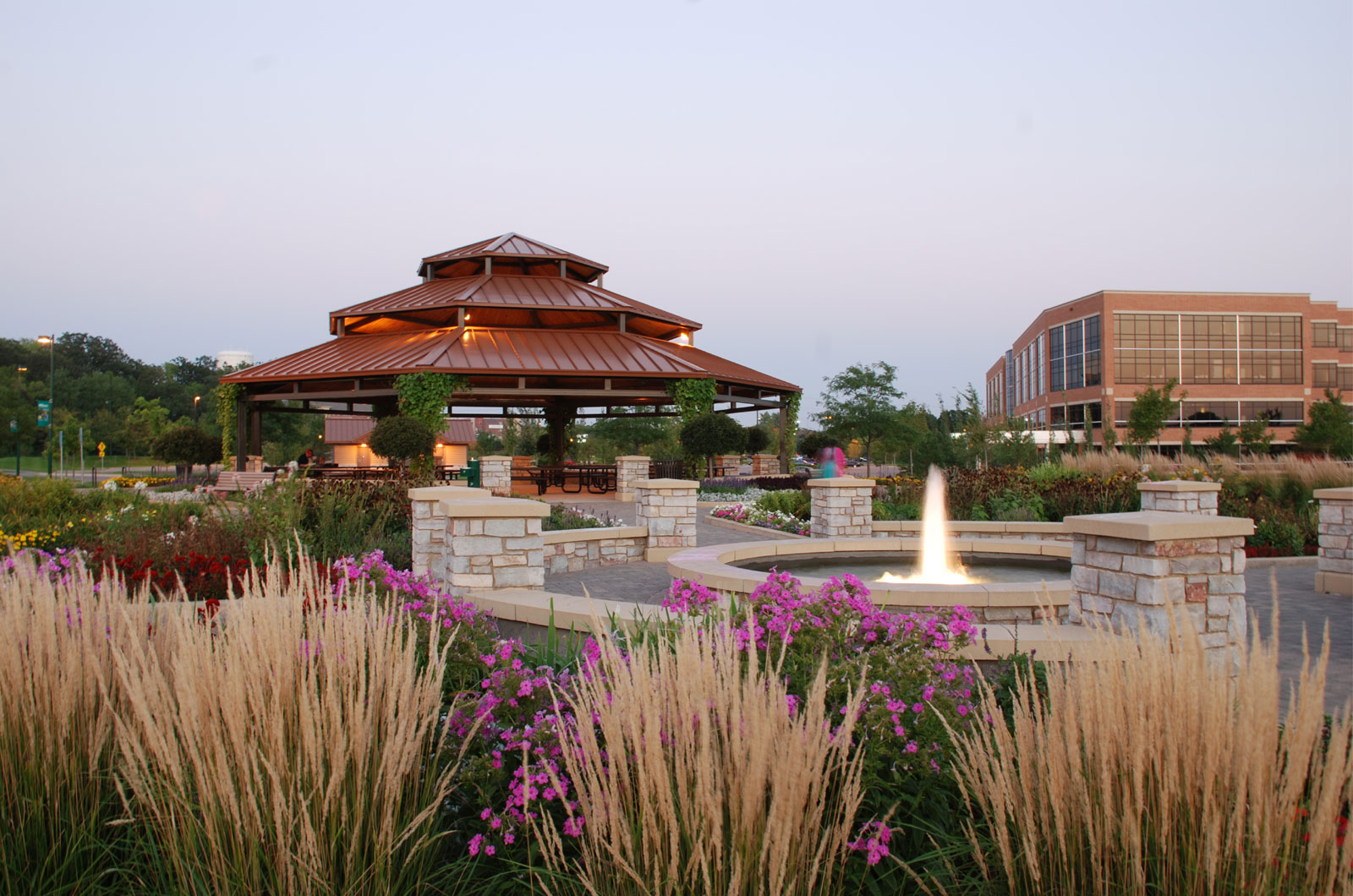 Boardwalk and gazebo at Purgatory Creek Park in Eden Prairie on a summer afternoon