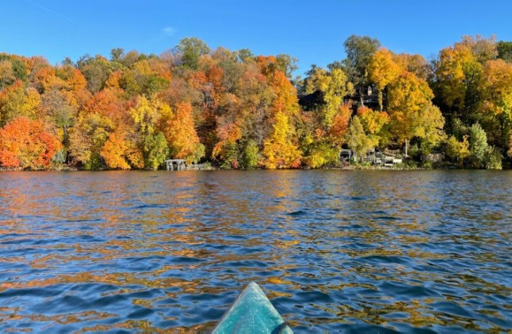 Christmas Lake shoreline in Shorewood on a calm summer afternoon