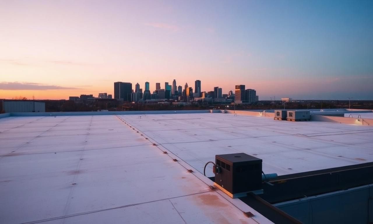 Twin Cities commercial flat roof at dusk by Prominent Roofing