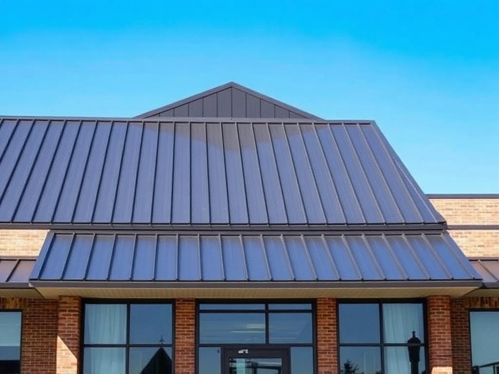 Commercial building with a dark standing seam metal roof installed by Prominent Roofing