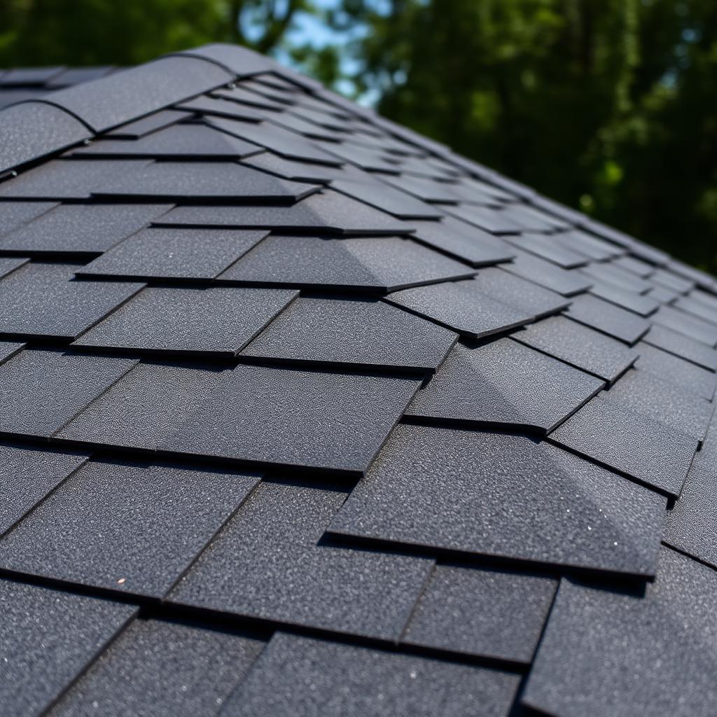 Close-up of premium designer asphalt shingles showing deep shadow lines and ceramic granule texture