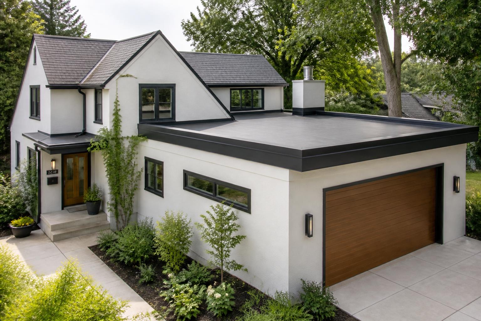 Modern Twin Cities home with a residential flat roof section installed by Prominent Roofing
