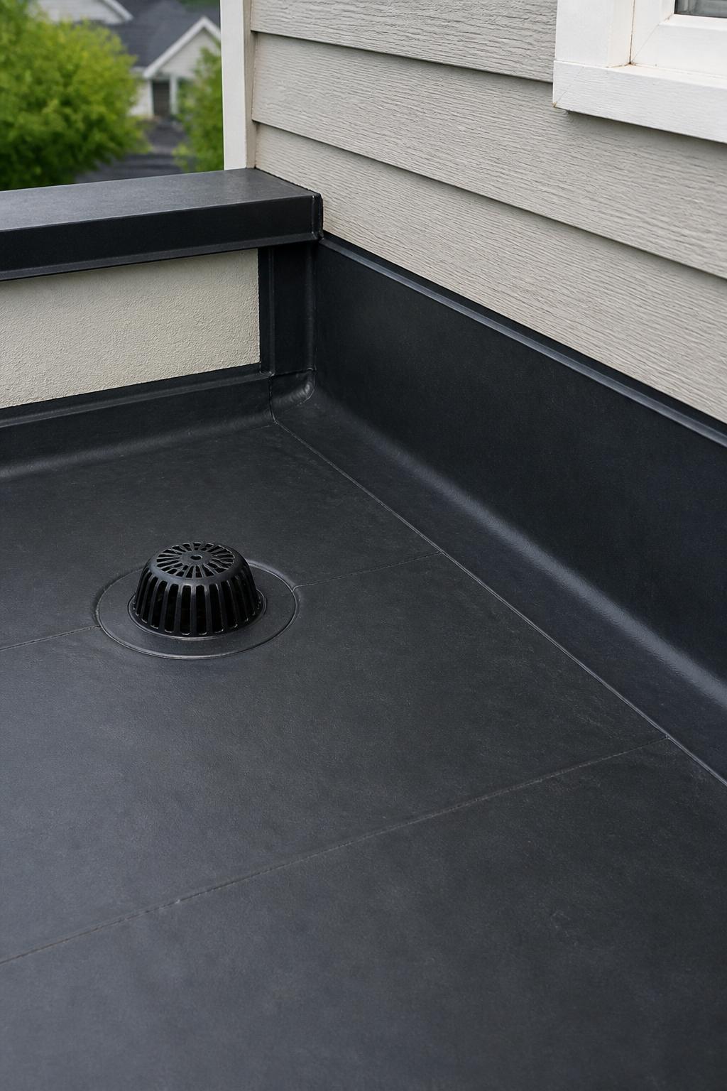 Close-up of a residential EPDM flat roof membrane with drain and parapet detail installed by Prominent Roofing