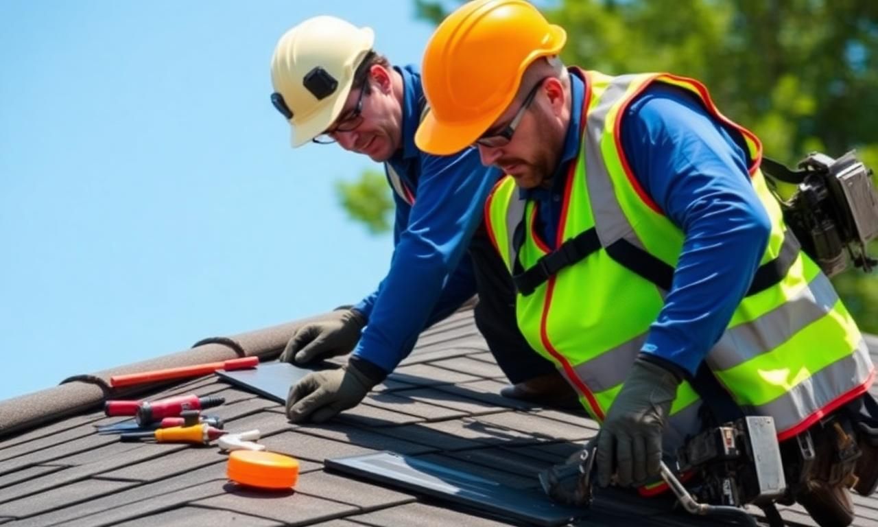Prominent Roofing crew completing a roof repair on a Twin Cities home