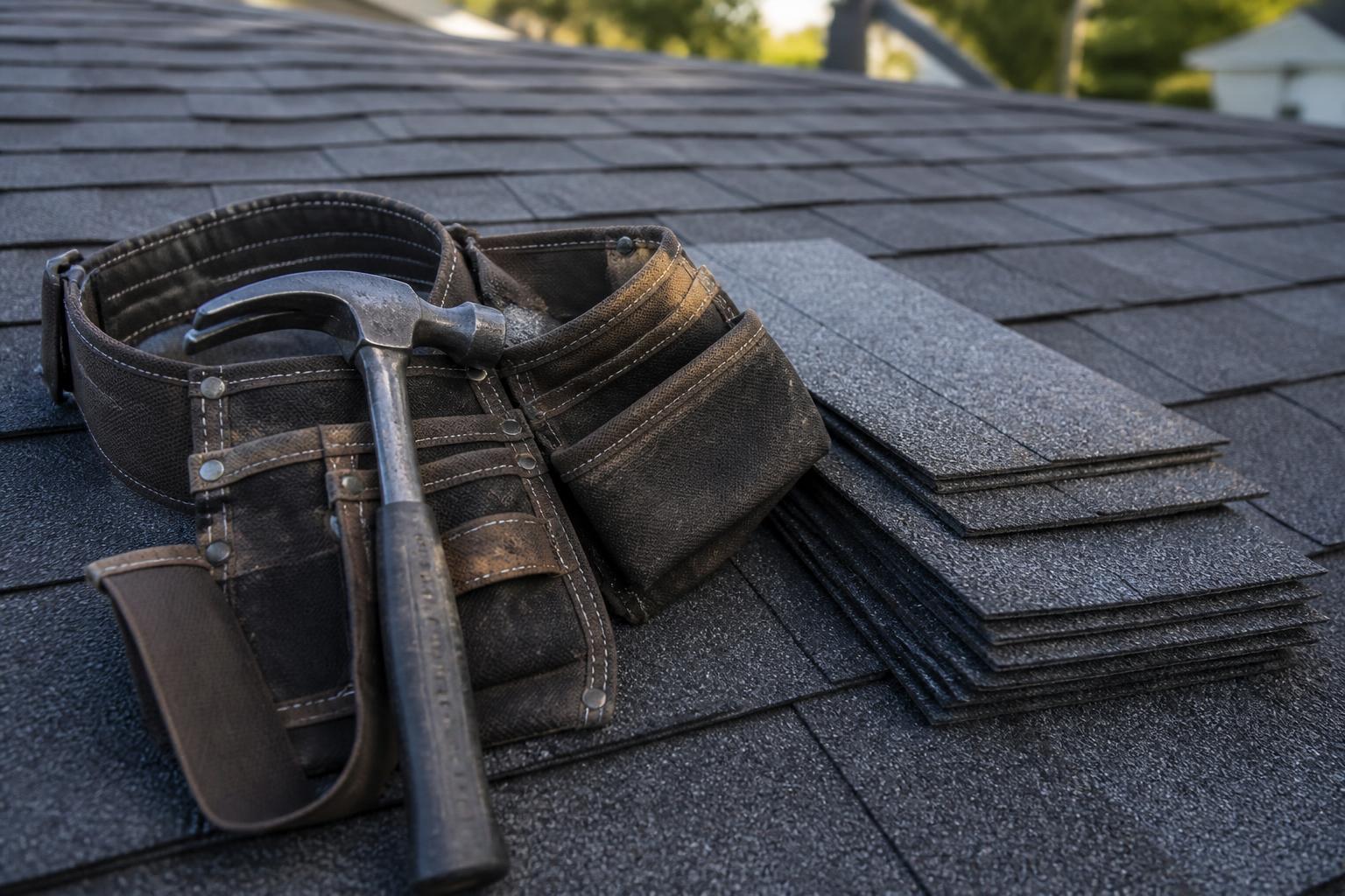 Roofer's tool belt and replacement asphalt shingles staged on a residential roof