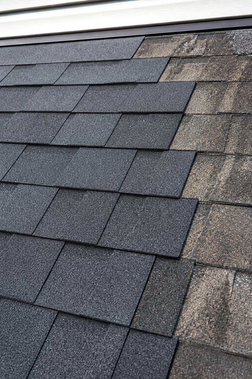 Close-up showing freshly replaced asphalt shingles next to older weathered shingles