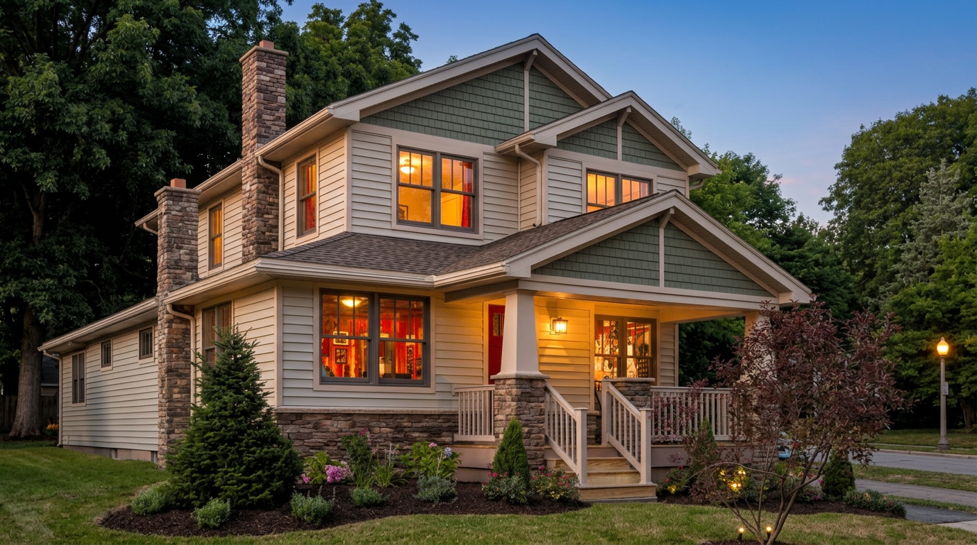 Two-story craftsman home with horizontal vinyl siding and shake-style accents by Prominent Roofing