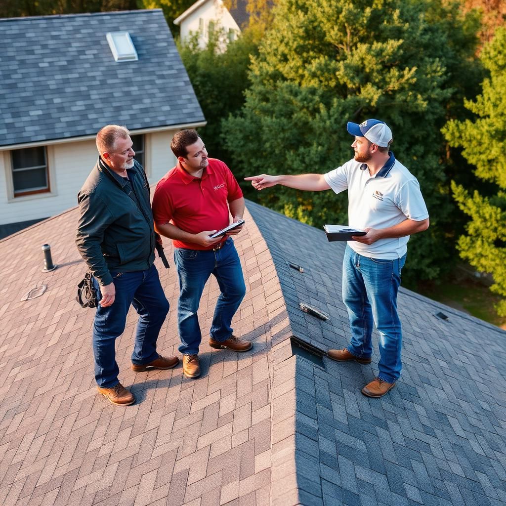 Prominent Roofing team reviewing storm damage insurance claim with homeowner