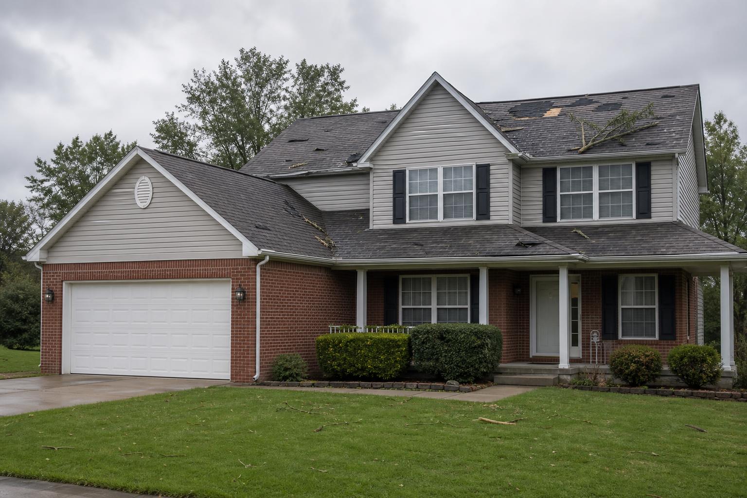 Suburban home with wind-damaged roof and scattered branches in the yard after a storm