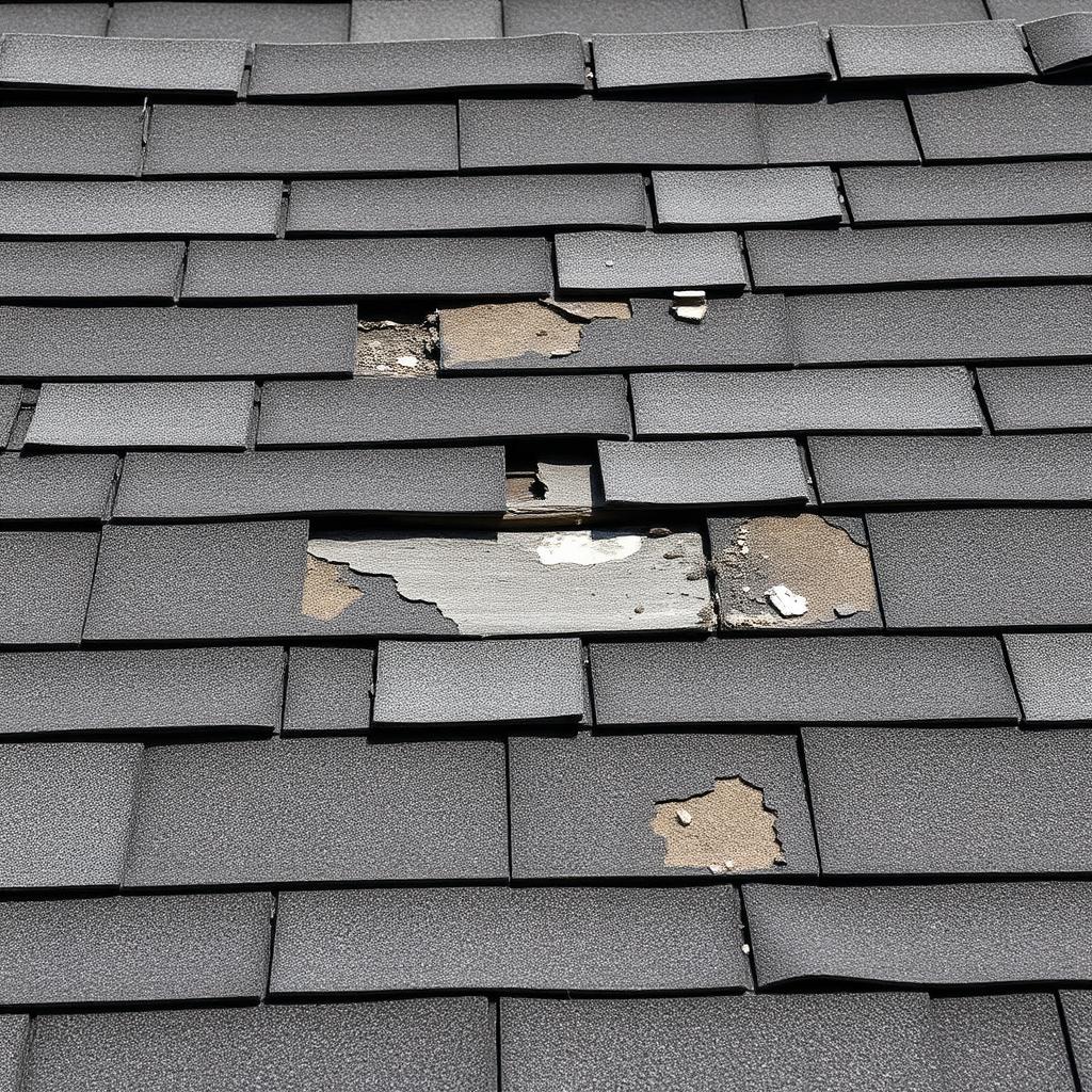 Close-up of worn, weathered asphalt shingles showing age and storm wear