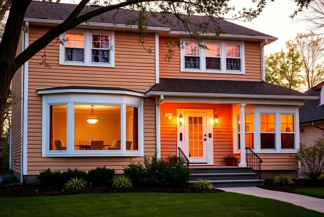 Twin Cities home at golden hour with new replacement windows installed by Prominent Roofing